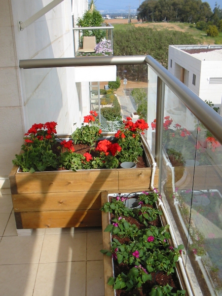 Деревянные кадки с цветами на балконе (Черняков)