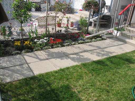 Перепланировка участка - сделаны дорожка из плит, цветы и газон (Черняков)